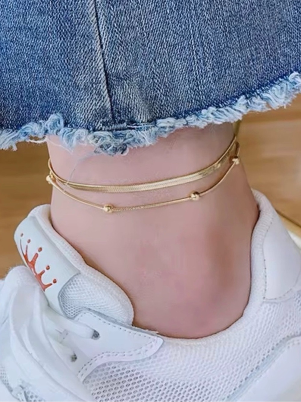Stainless Steel 2 Layer Blade Circular Bead Anklet